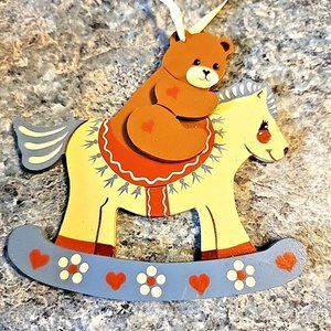 Vintage 1985 Hand Painted Teddy Bear on Rocking Horse Christmas Ornament Wood